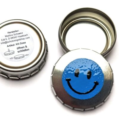 Klick-Klack-Dosen silberfarben mit Smiley-Motiv Deckel geöffnet